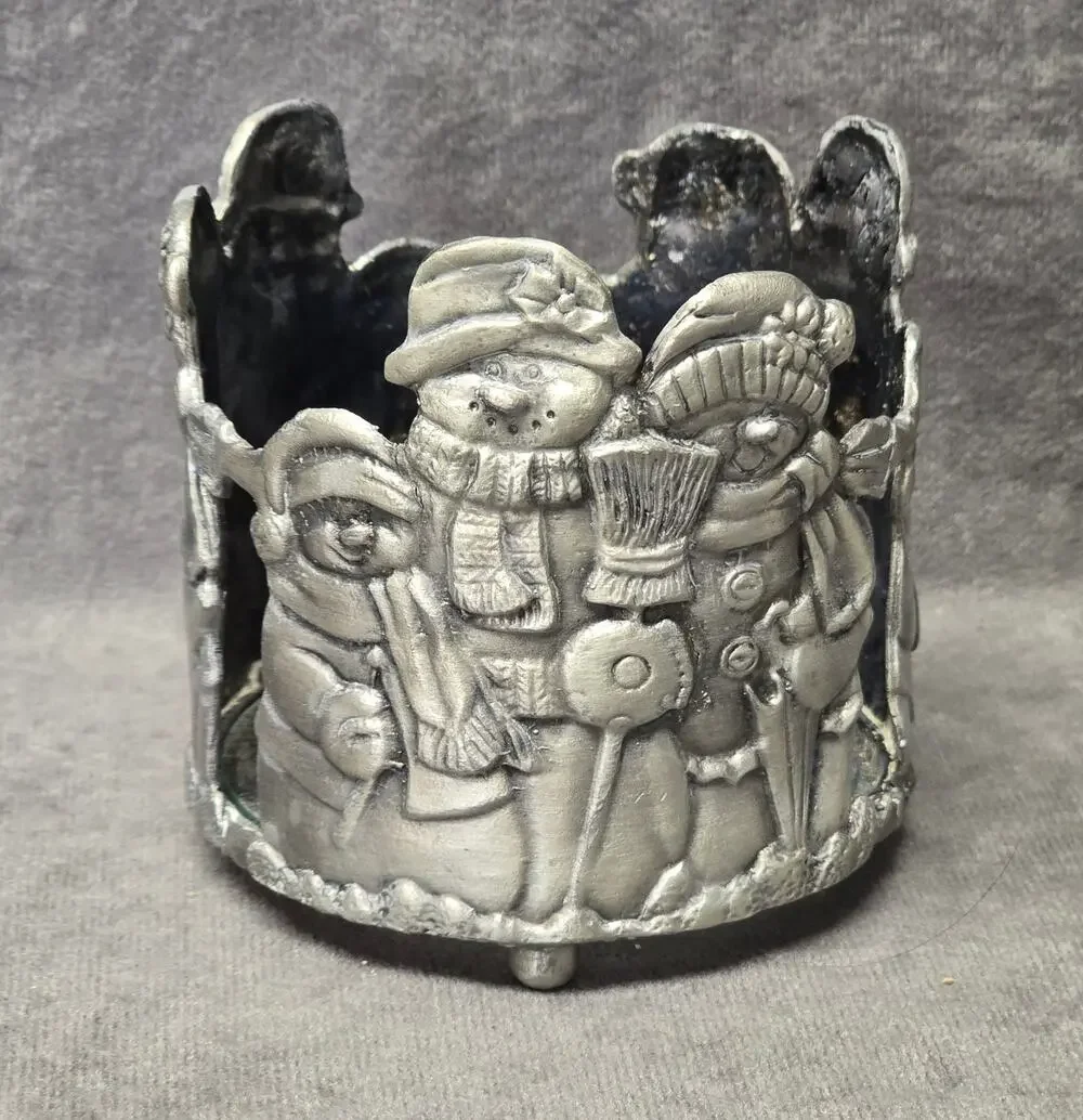 Christmas Snowman Family Holiday Silver Pewter Metal Candle Holder